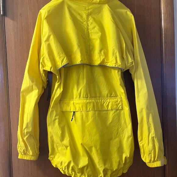 REI bright yellow raincoat (no hood, long in back for rear-end coverage) pockets - Picture 2 of 13